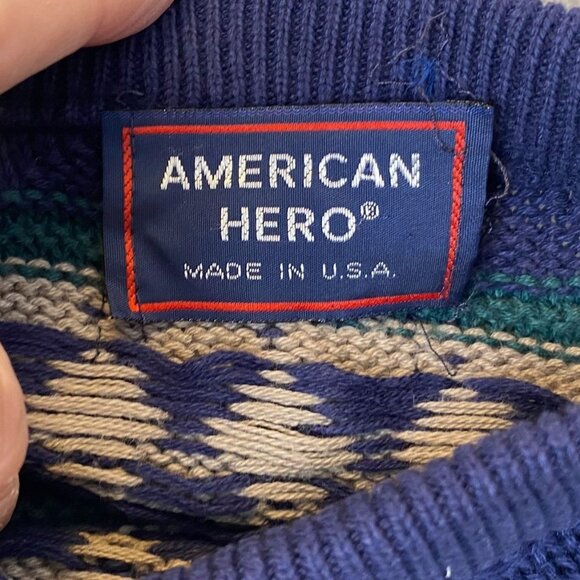 Vintage American Hero Mens Sweater Crew Neck Cable Knit Pullover Blue Geo Stripe - Picture 5 of 10